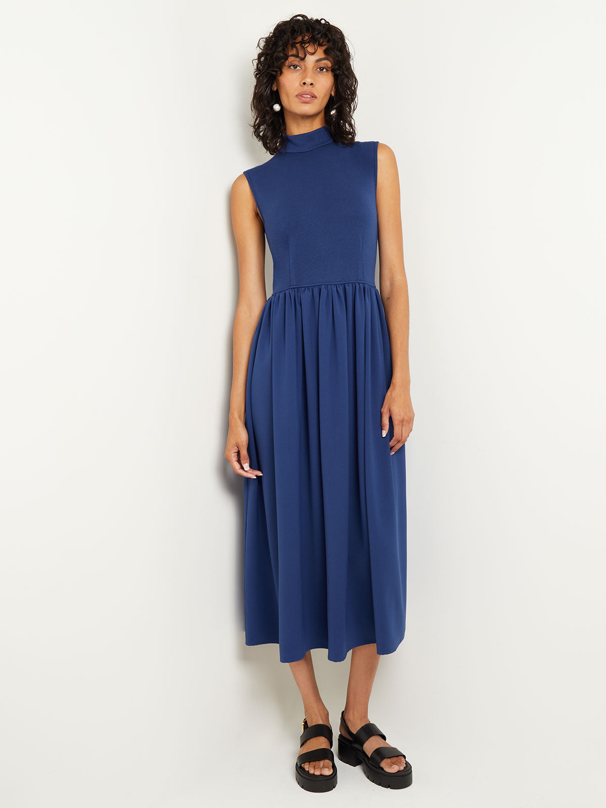 Mixed Media Fit-and-Flare Sleeveless Maxi Dress