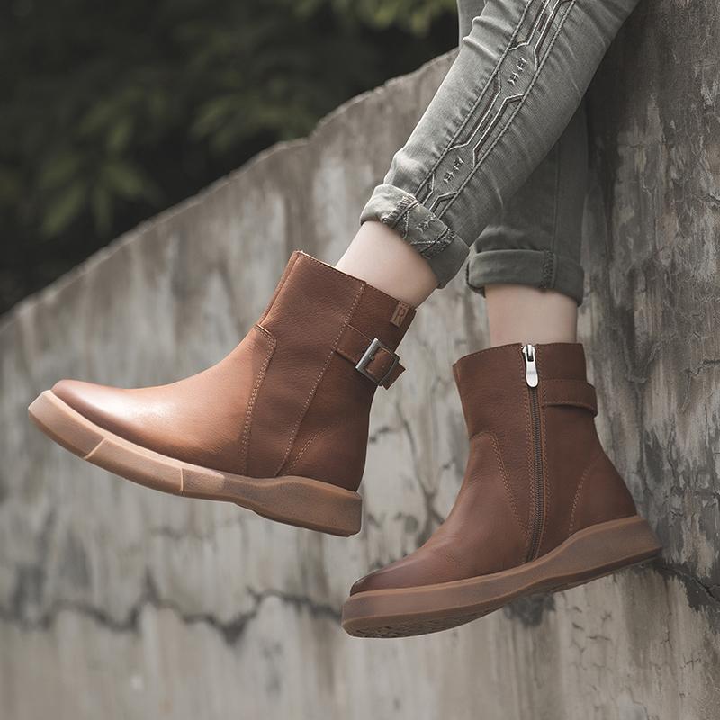 Waxing?Leather Ankle Boots Back Buckle Decorate Black/Coffee