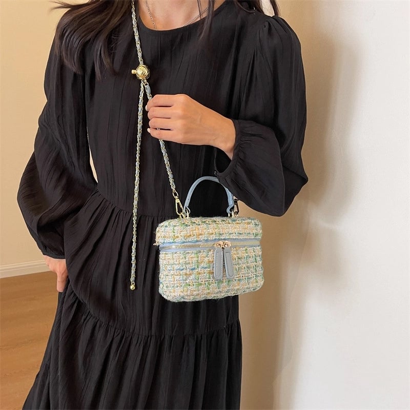 Women's Small Yarn Color Block Basic Streetwear Square Zipper Shoulder Bag Crossbody Bag Chain Bag