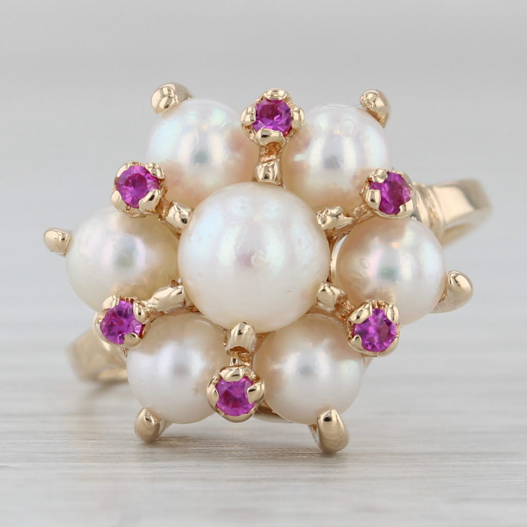 Cultured Pearl Lab Created Ruby Cluster Ring 14k Yellow Gold Size 5