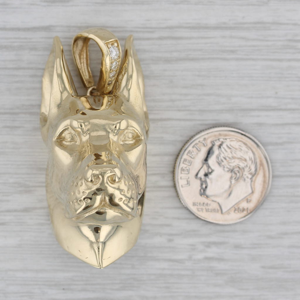 Large Dog Bust Pendant 10k Yellow Gold 0.12ctw Diamonds Doberman