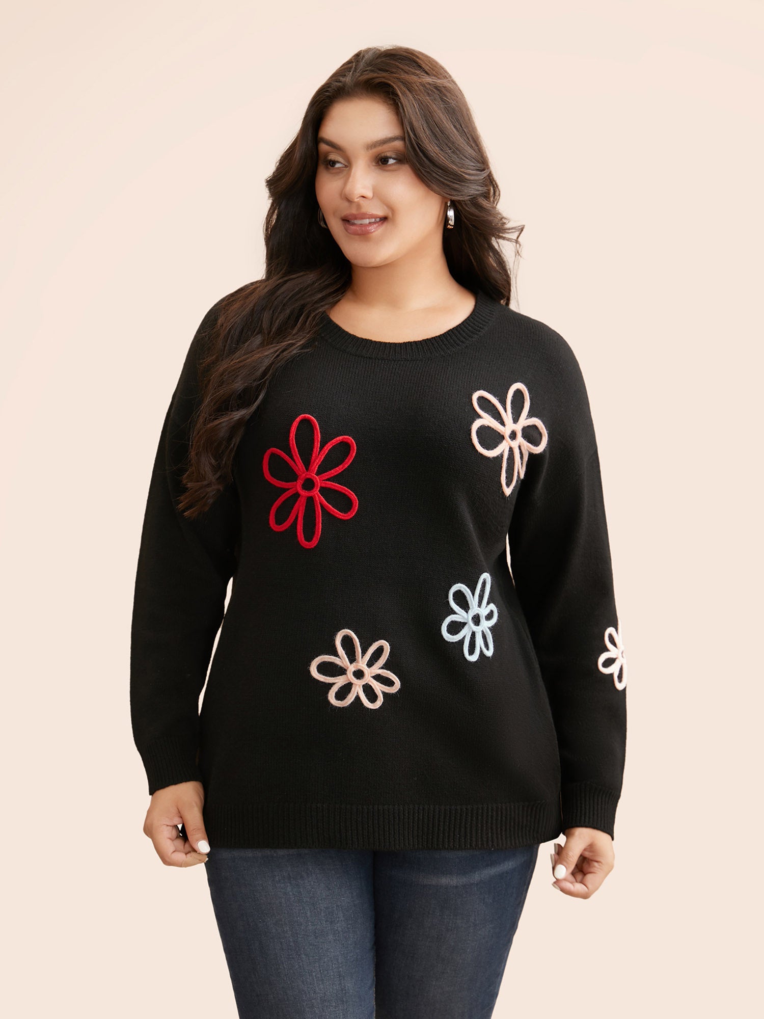 Crochet Floral Crew Neck Pullover