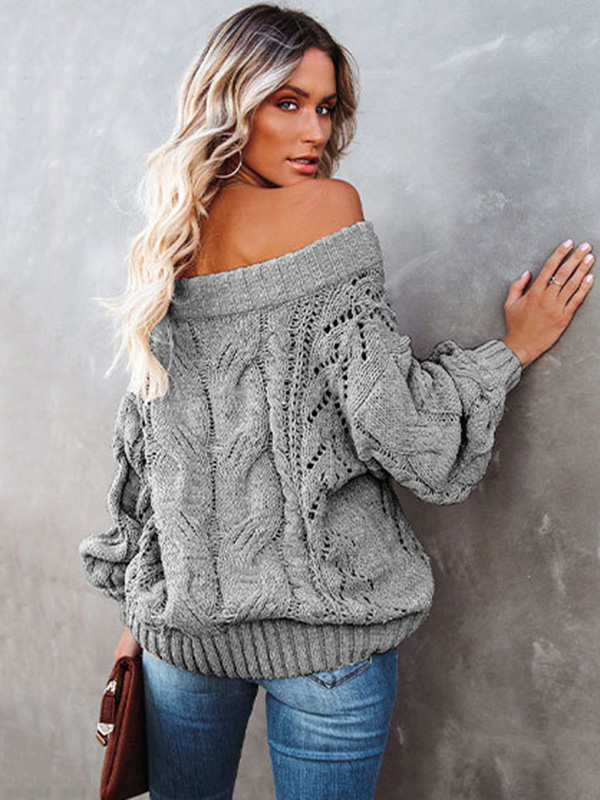 Vintage Long Sleeves Loose Solid Color Off-The-Shoulder Sweater Tops