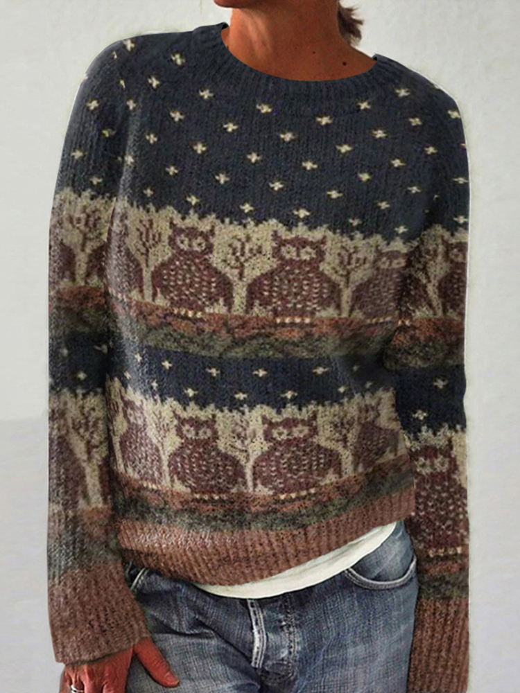 Owl Vintage Contrast Jacquard Crew Neck Sweater