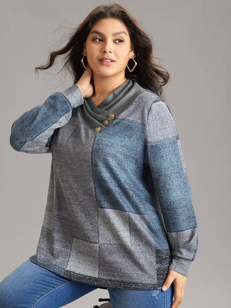 Asymmetrical Colorblock Button Detail Pleated T-shirt
