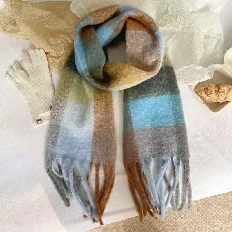 Mohair Plaid Scarf Women's Winter  Versatile Tassel Student Long Thickened Warm Scarf Large Shawl Fashion