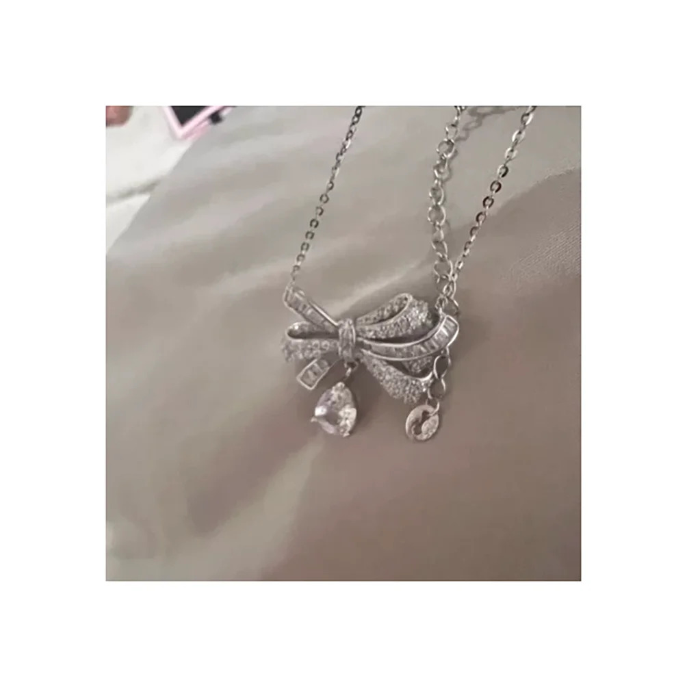 Bow knot water drop necklace 925 sterling silver light luxury diamond pendant collarbone chain