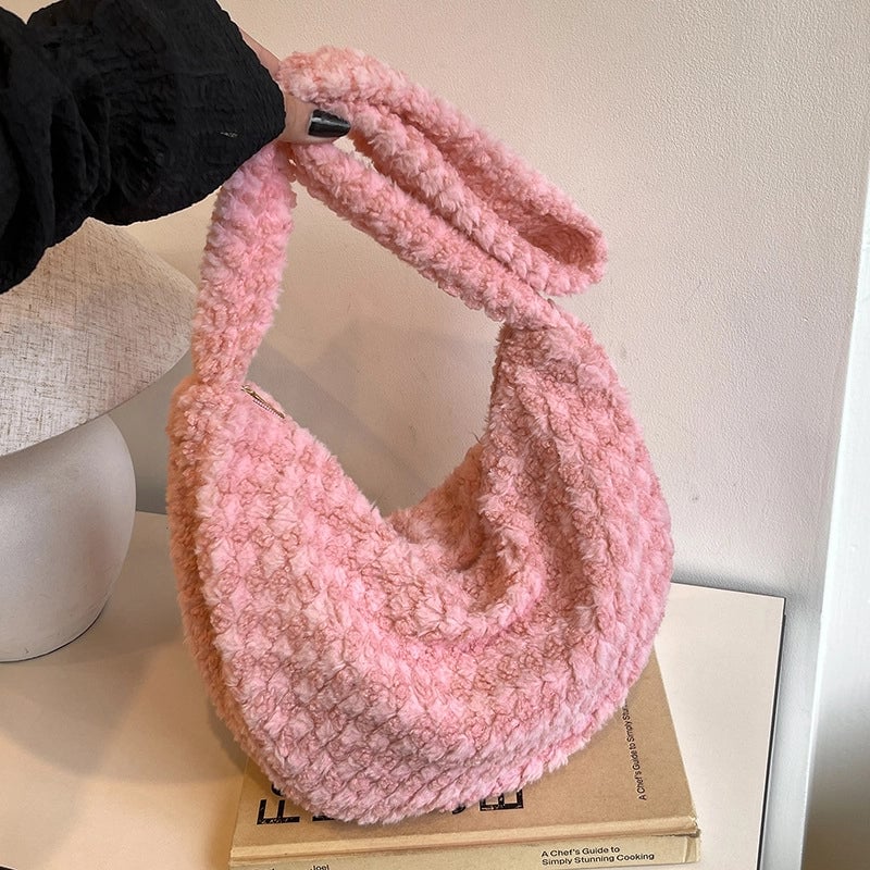Women's Woolen Plaid Classic Style Dumpling Shape Zipper Shoulder Bag