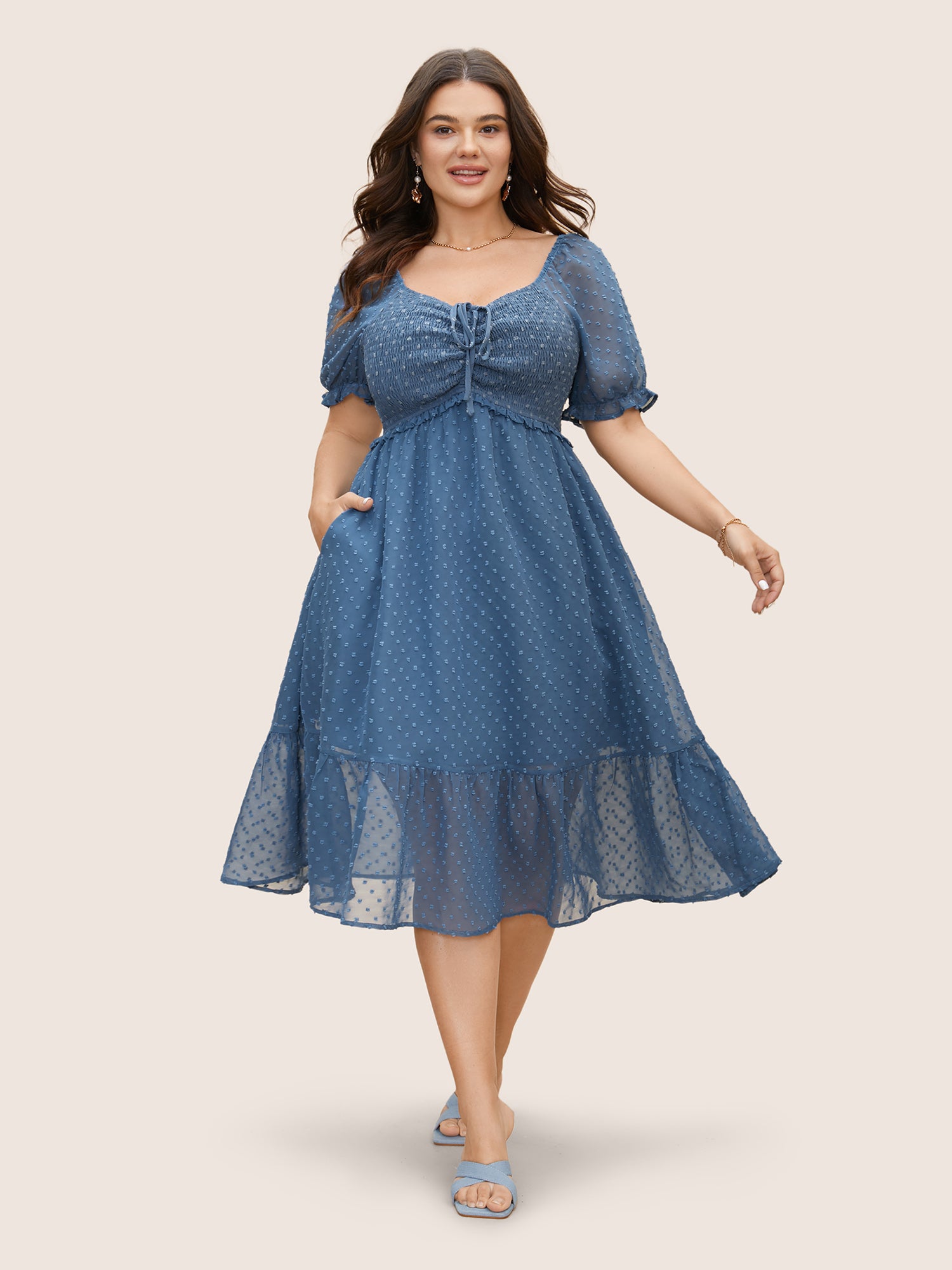 Polka Dot Textured Mesh Shirred Drawstring Dress