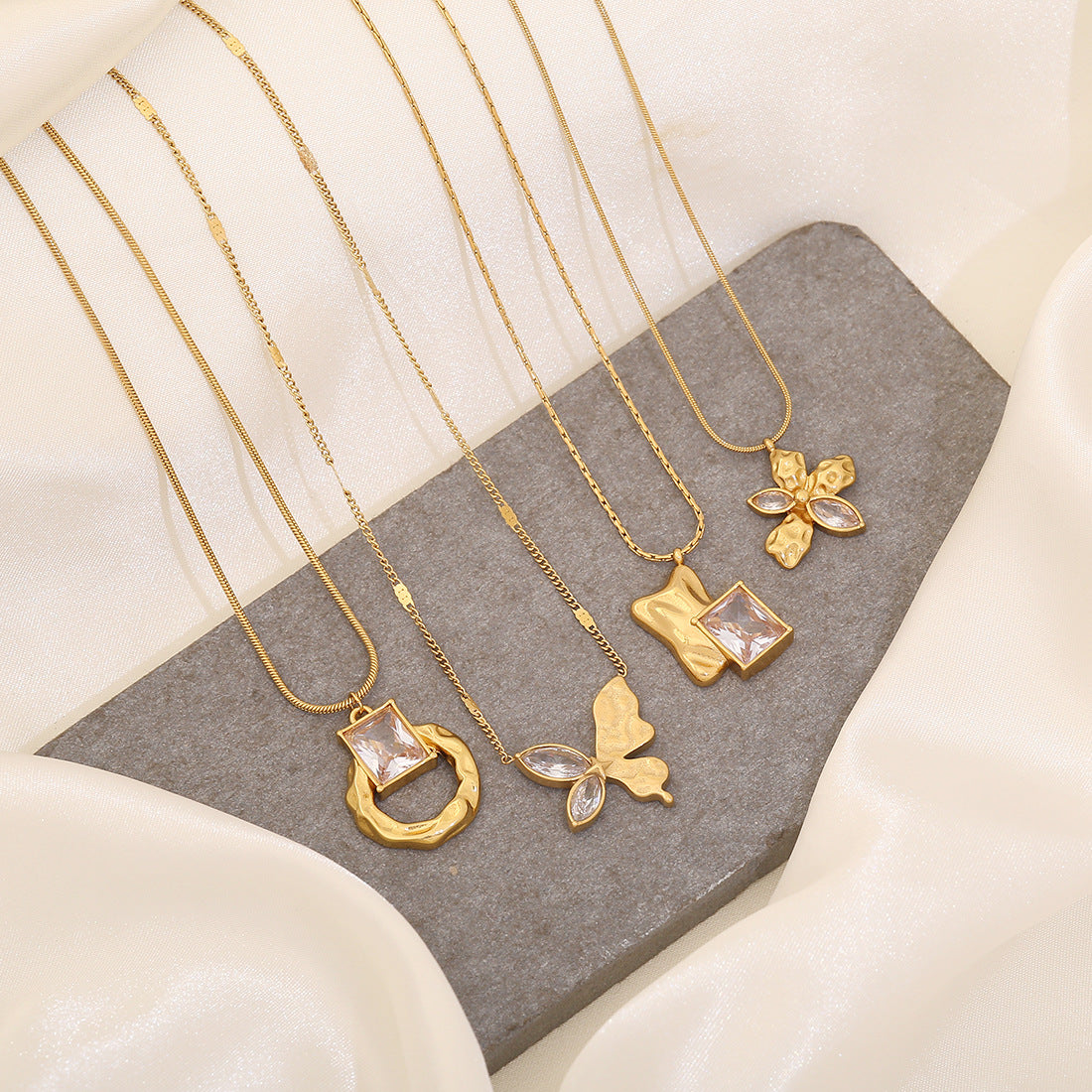 White Diamond Geometric Irregular Pendant Butterfly Stainless Steel Necklace N1467