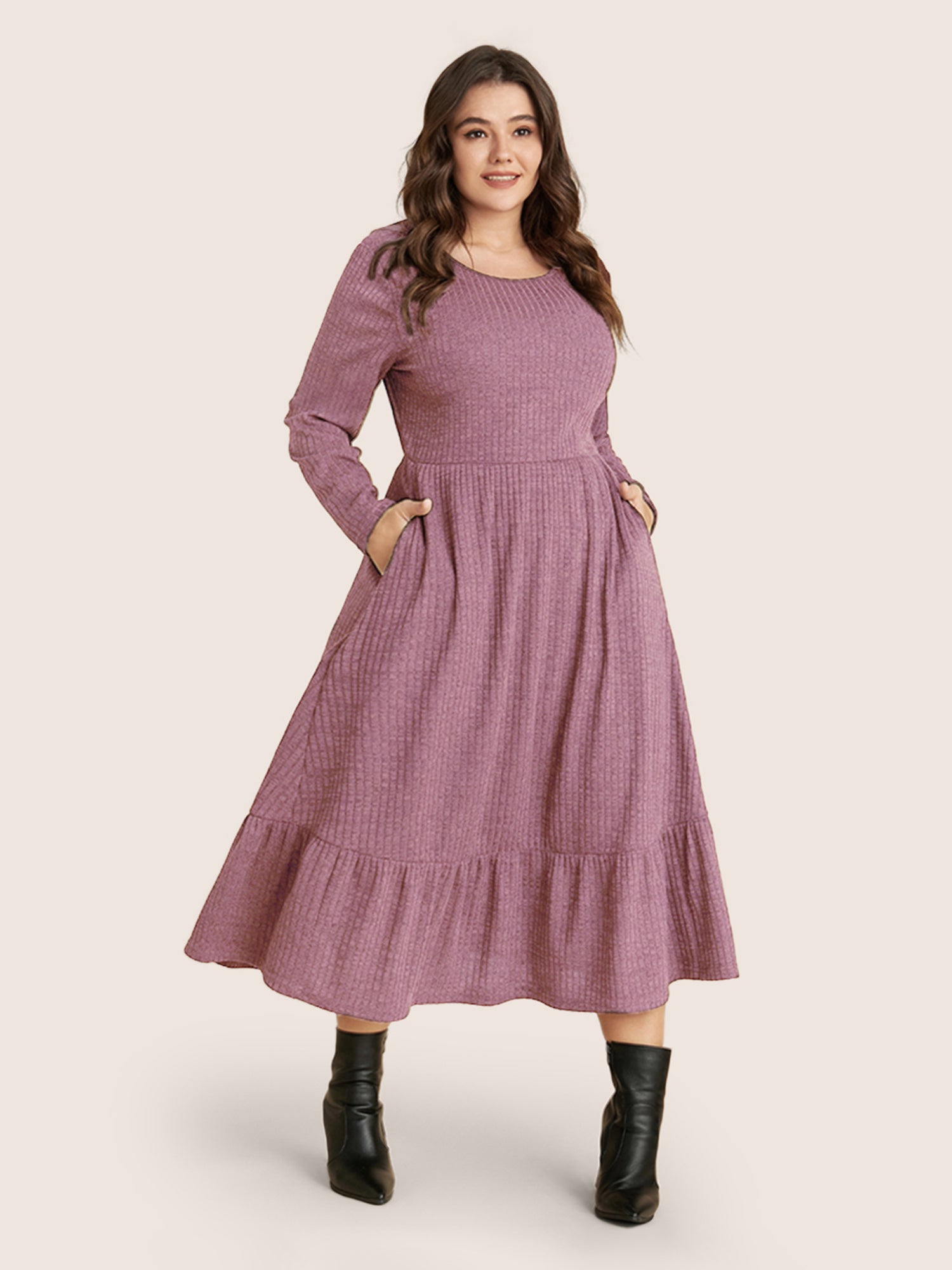 Solid Pocket Rib Knit Ruffle Hem Dress Without Belt
