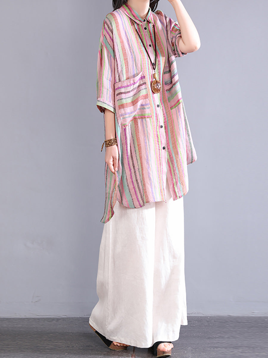 Women Summer Artsy Stripe Turn-down Collar 100%Ramie Shirt