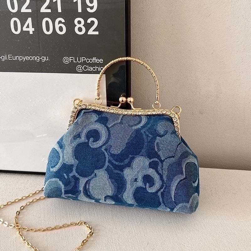 Women's Denim Flower Classic Style Sewing Thread Shell Clasp Frame Handbag