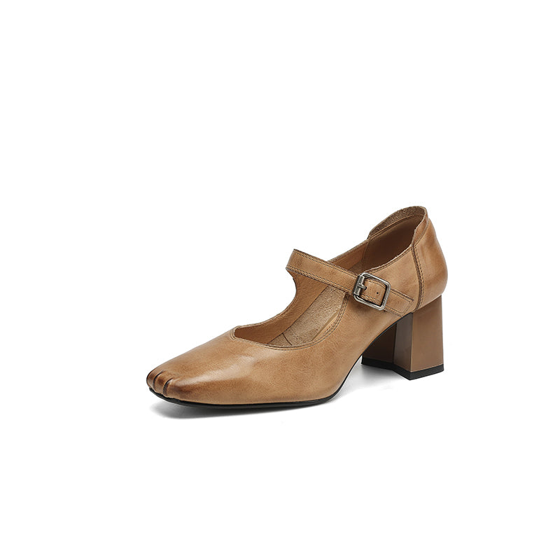 Vintage Square Toe 60mm Cow Leather Mary Jane Pumps in Brown/Red/Black/Khaki