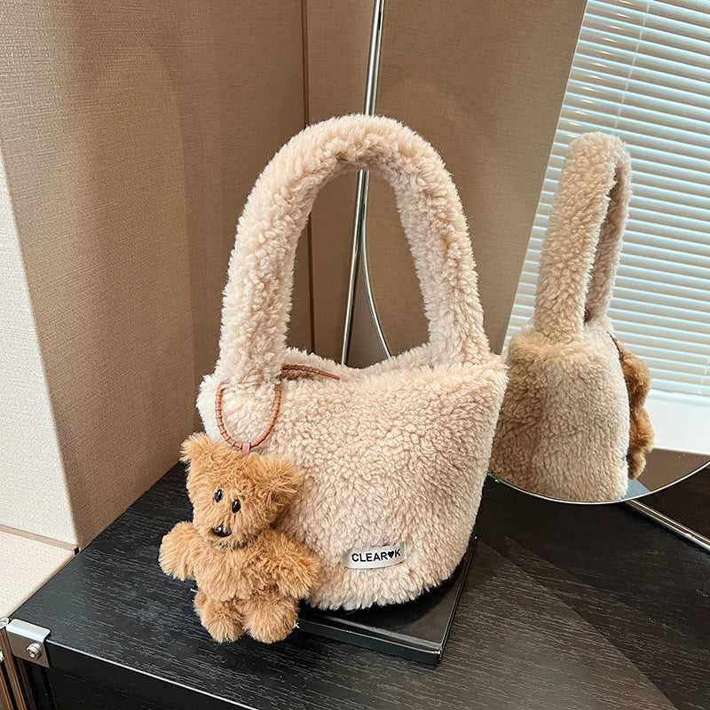 Women's Plush Solid Color Cute Bucket Magnetic Buckle Shoulder Bag Handbag Crossbody Bag