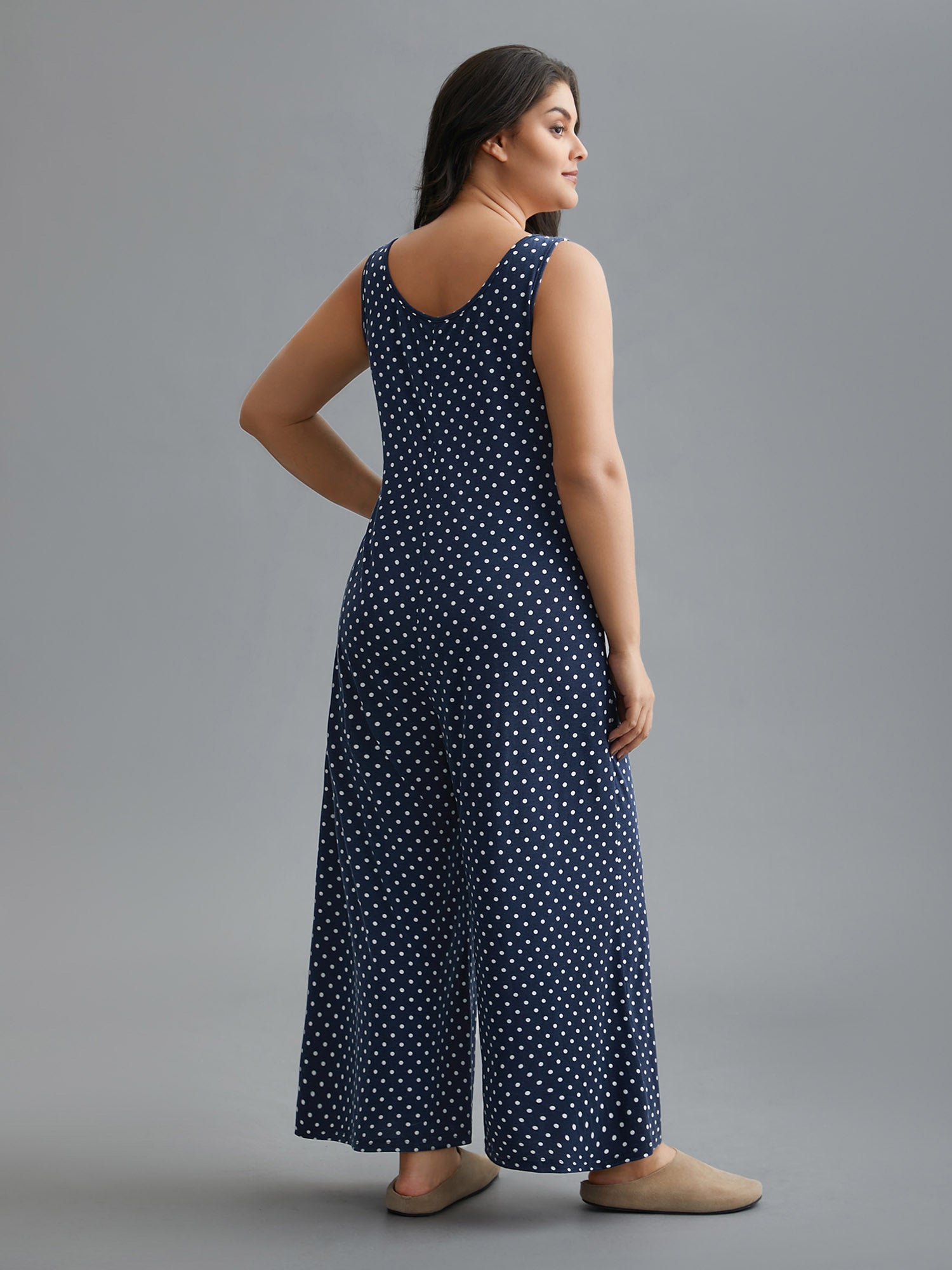 U Neck Polka Dot Button Up Sleep Jumpsuit