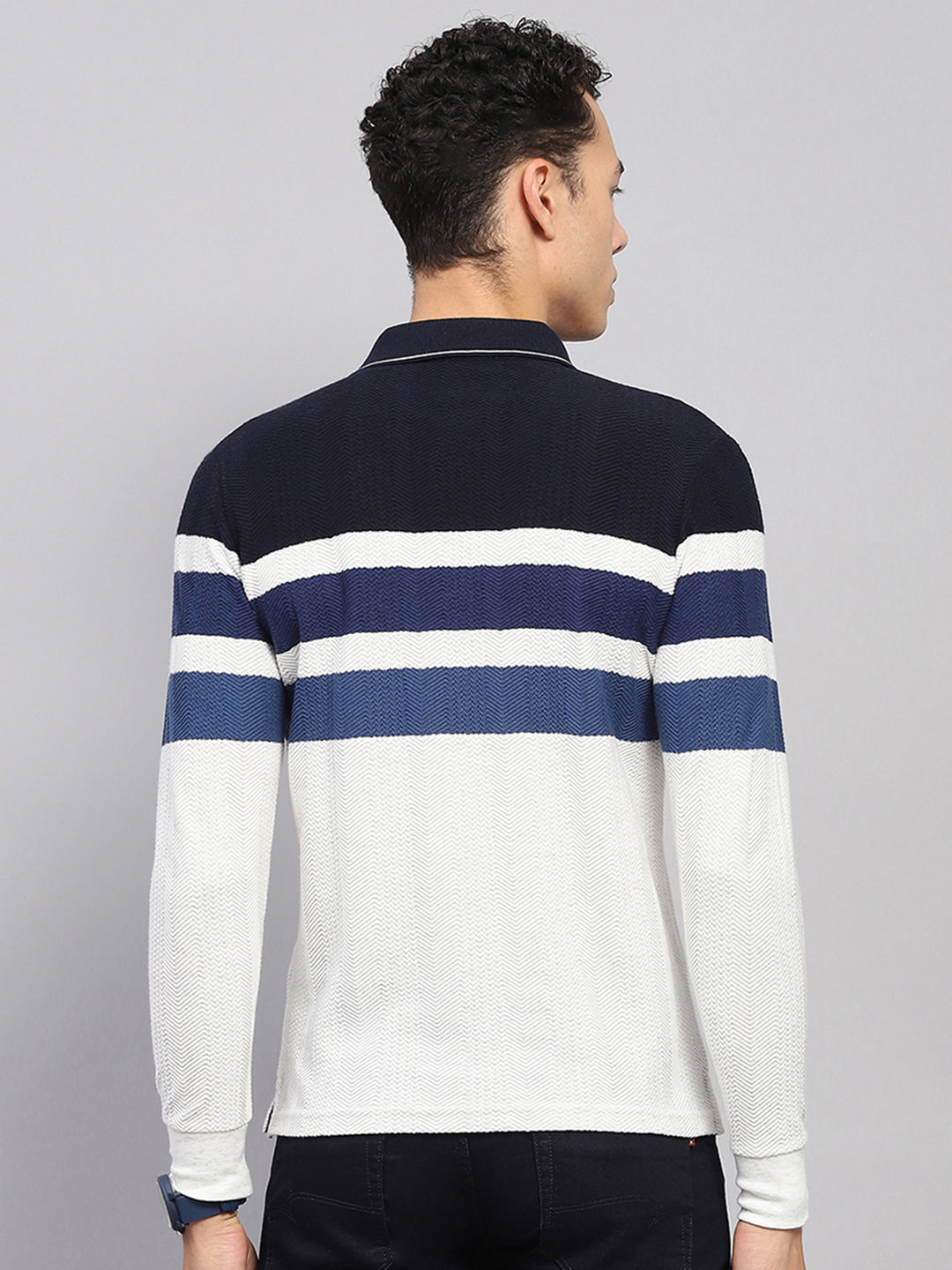 Men White & Blue Stripe Collar Full Sleeve Winter T-Shirt