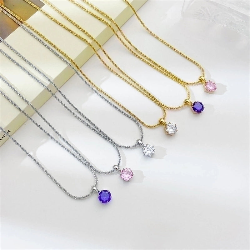 2 Pieces Classic Style Solid Color 304 Stainless Steel Zircon White Gold Plated Gold Plated Inlay Pendant Necklace