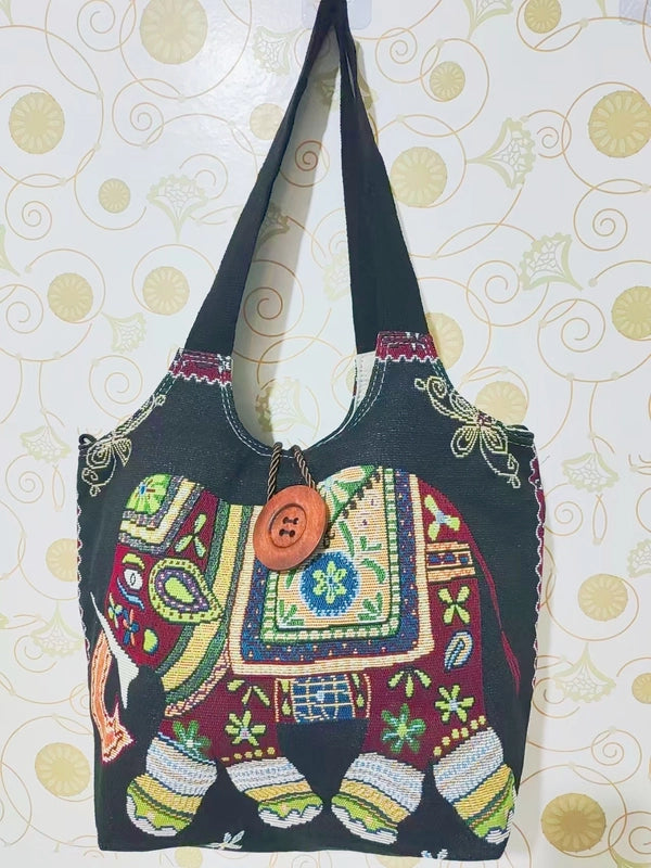 Women's Large Canvas Elephant Ethnic Style Square Zipper Shoulder Bag