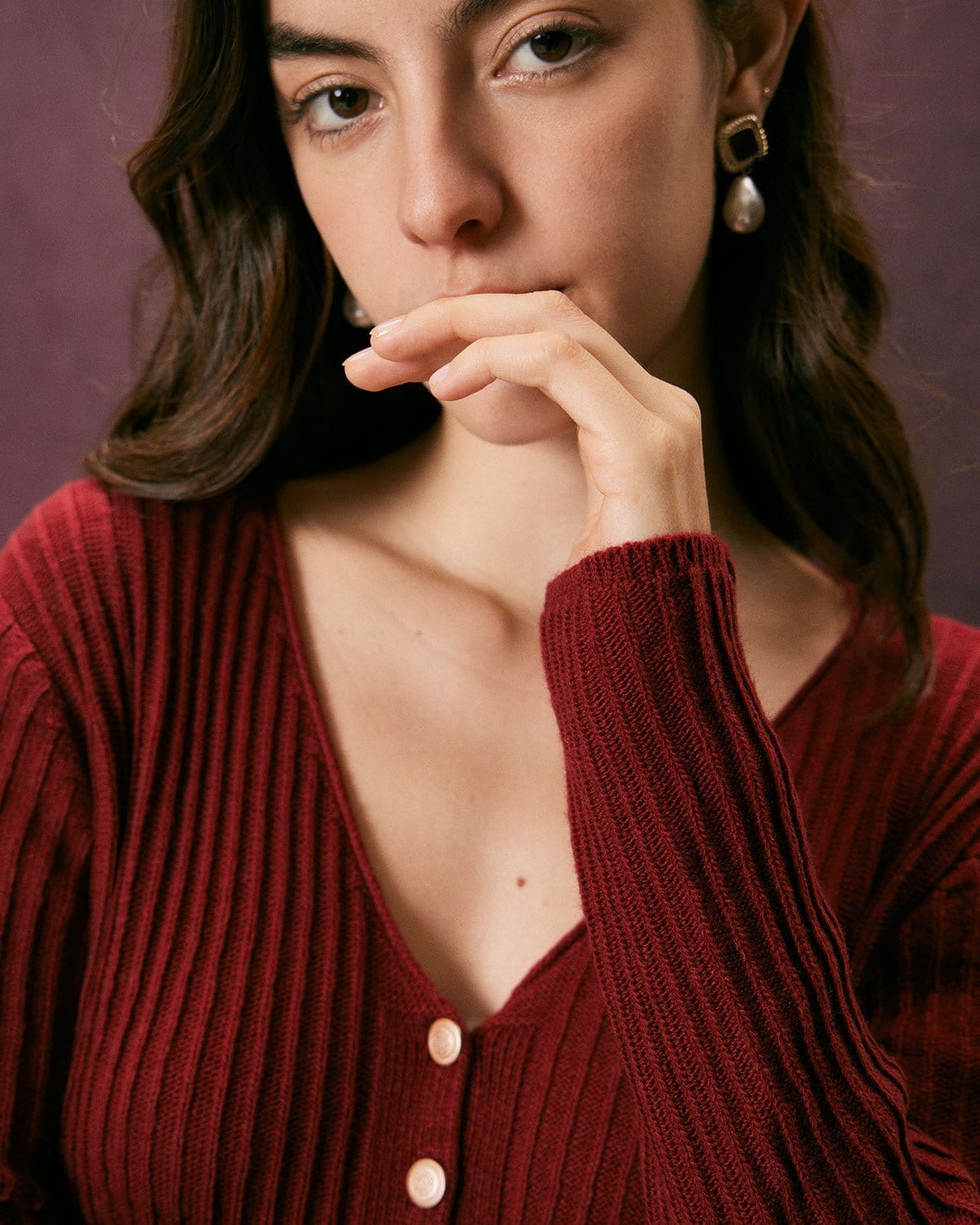 The Red V Neck Ribbed Long Sleeve Cardigan