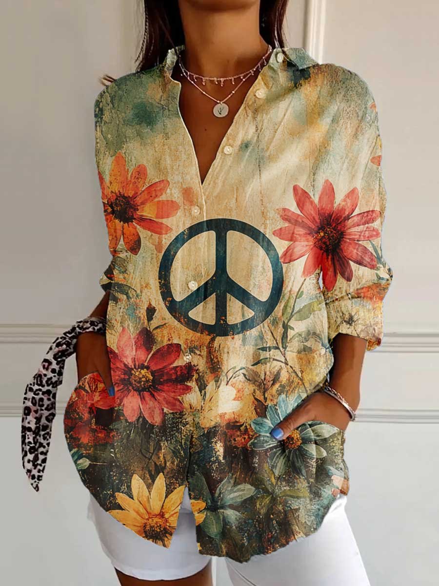 Women's Vintage Hippie Peace Flower Art Print Casual Cotton Shirt