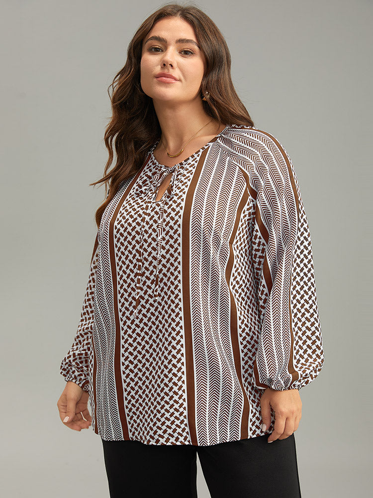 Geo Striped Tie Lantern Sleeve Blouse
