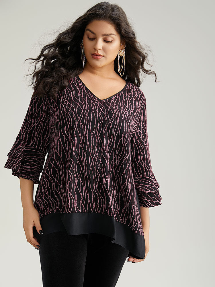 Lurex Layered Ruffle Sleeve Patchwork Blouse