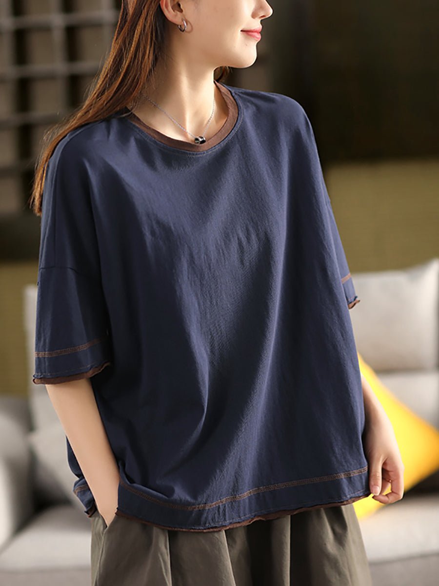 Women Summer Colorblock O-Neck 100%Cotton Shirt