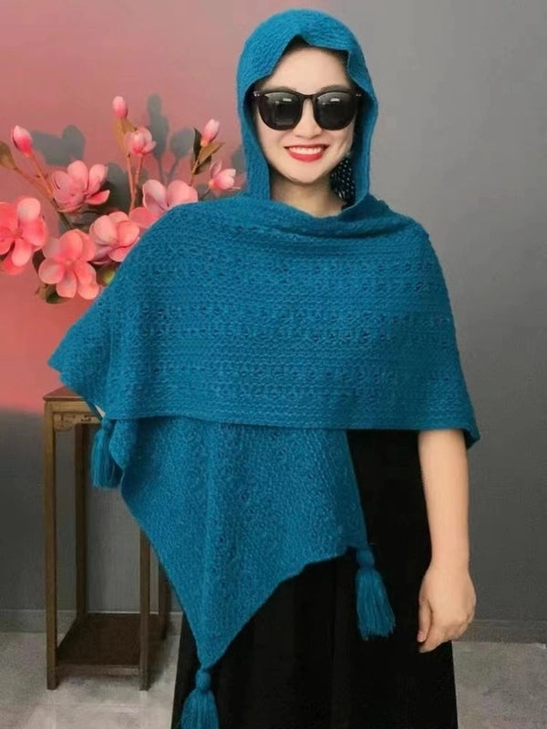 New Autumn And Winter Hooded Butterfly Flower Solid Color Knitted Hollow Temperament Warm Shawl Retro Travel Outerwear