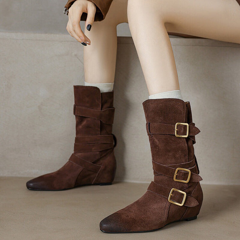 Womens Suede?Leather Mid Calf Boots 45mm Block Heel with Buckles In Khaki/Brown