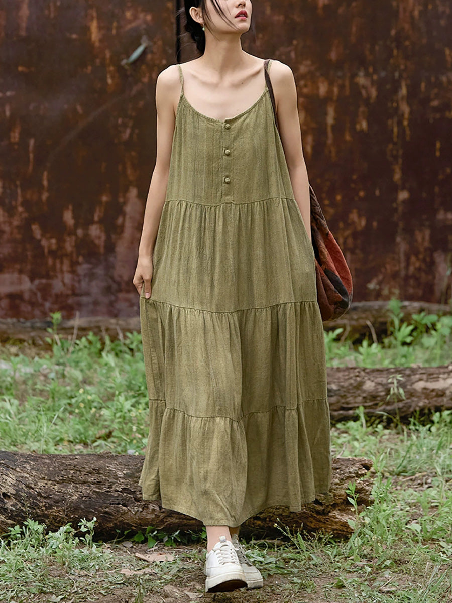 Women Summer Pure Color O-Neck Linen Maxi Vest Dress