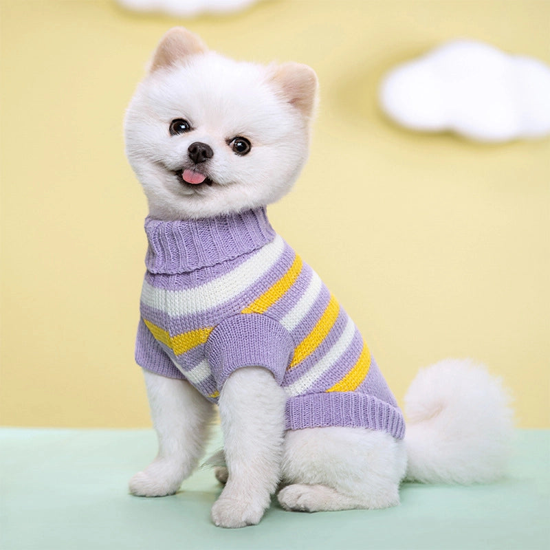 Pet Autumn And Winter Warm Strip Color Sweater Stretch Two-legged Lapel Dog Cat Knitted Wool Clothes