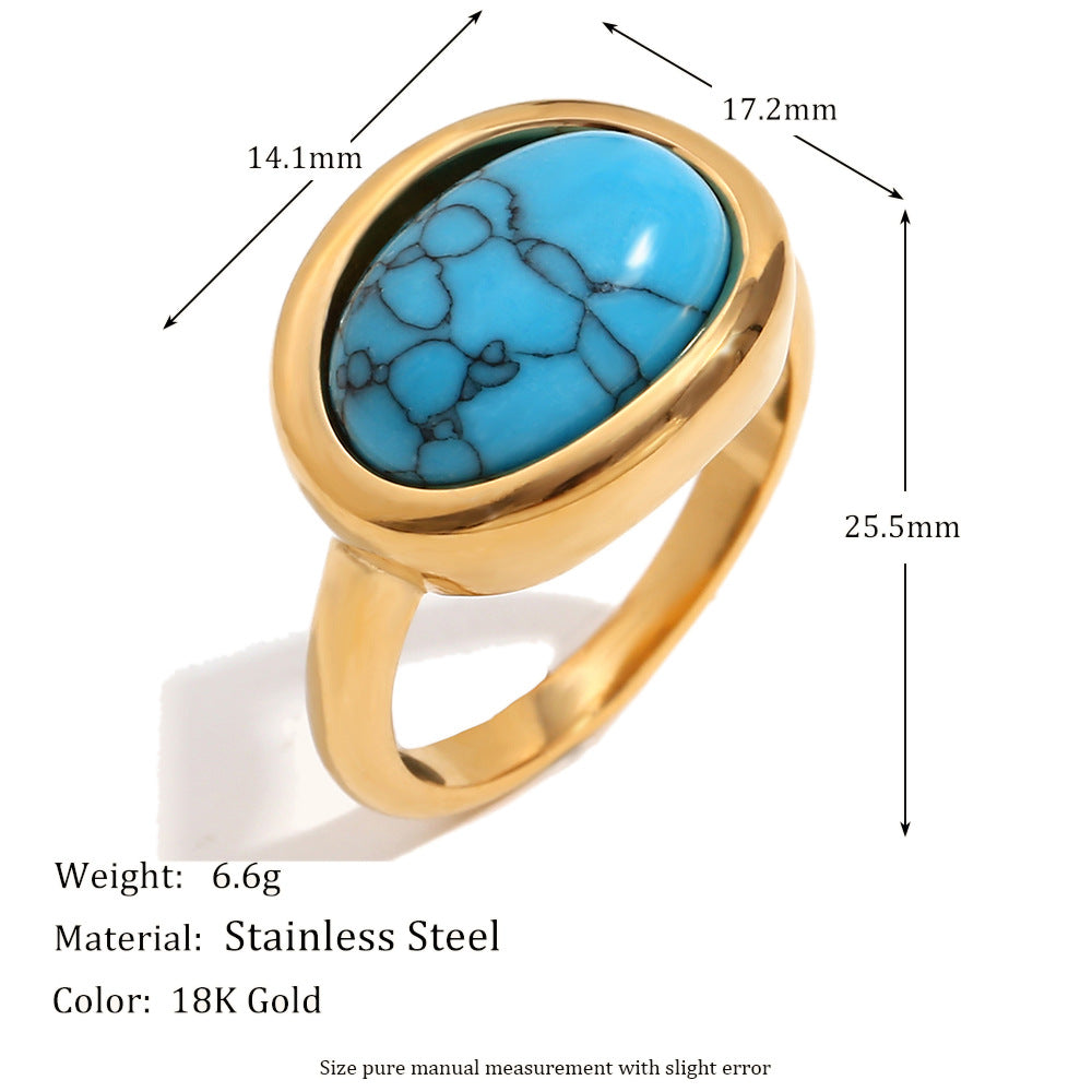 Fashion Niche Retro Personality Hand Jewelry Stainless Steel Plated 18K Gold Simple Natural Stone Gemstone Ring