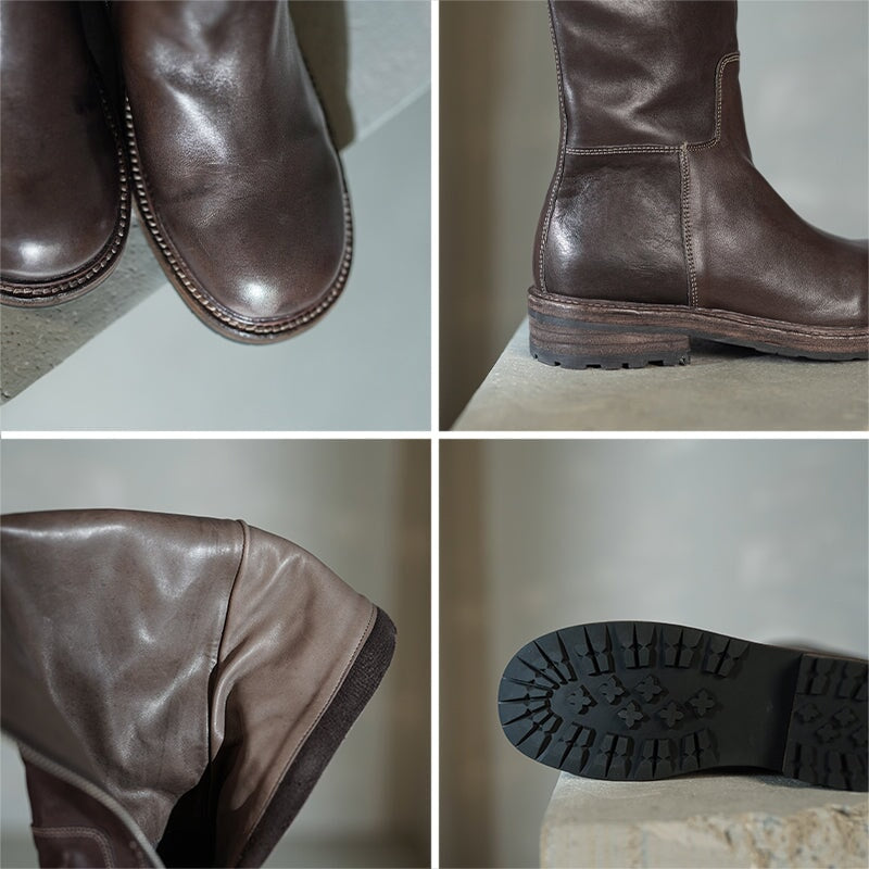 Hand Stitching Horse Leather Riding Boots Round Toe Knee High Boots For Women In Black/Black/Brown
