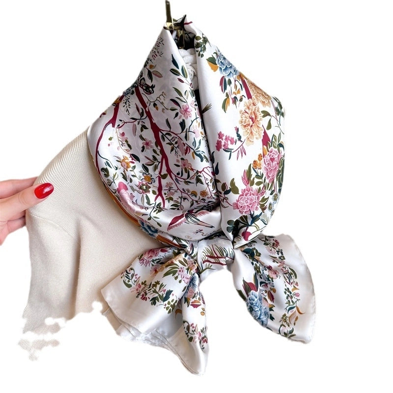 Elegant Small Floral Large Size Shawl High-grade Printed Silk Scarf Imitation Silk Scarf New Long Scarf Thin Li Brocade Satin