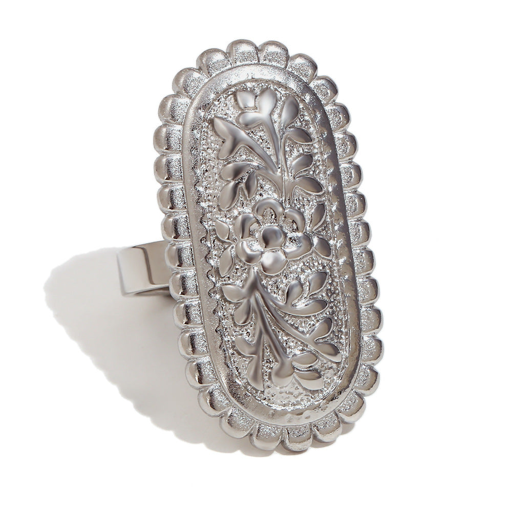 Personalized Ring Stainless Steel 18K Gold Plated Retro Sawtooth Flower Oval Relief Necklace Female