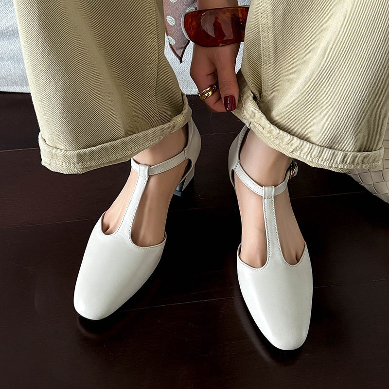 50mm Block Heel Leather T-Strap Mary Jane Summer Shoes in Yellow/White