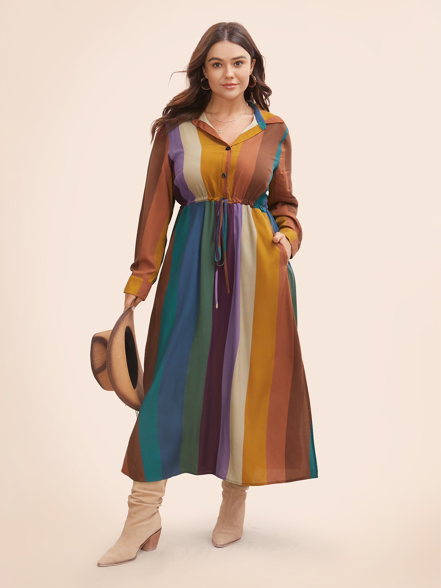 Colorblock Contrast Shirt Collar Drawstring Dress