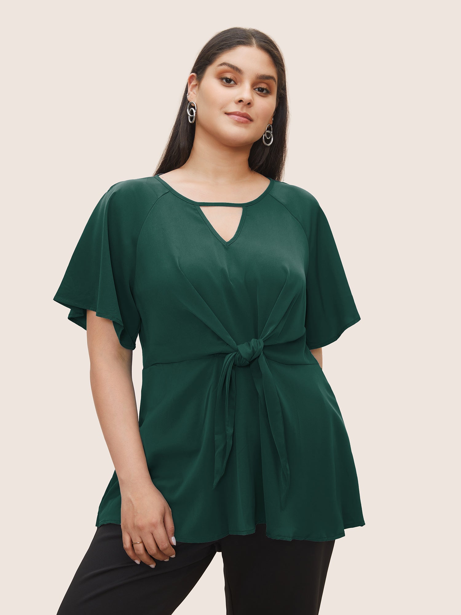 Plain Keyhole Knotted Front Ruffle Sleeve Blouse