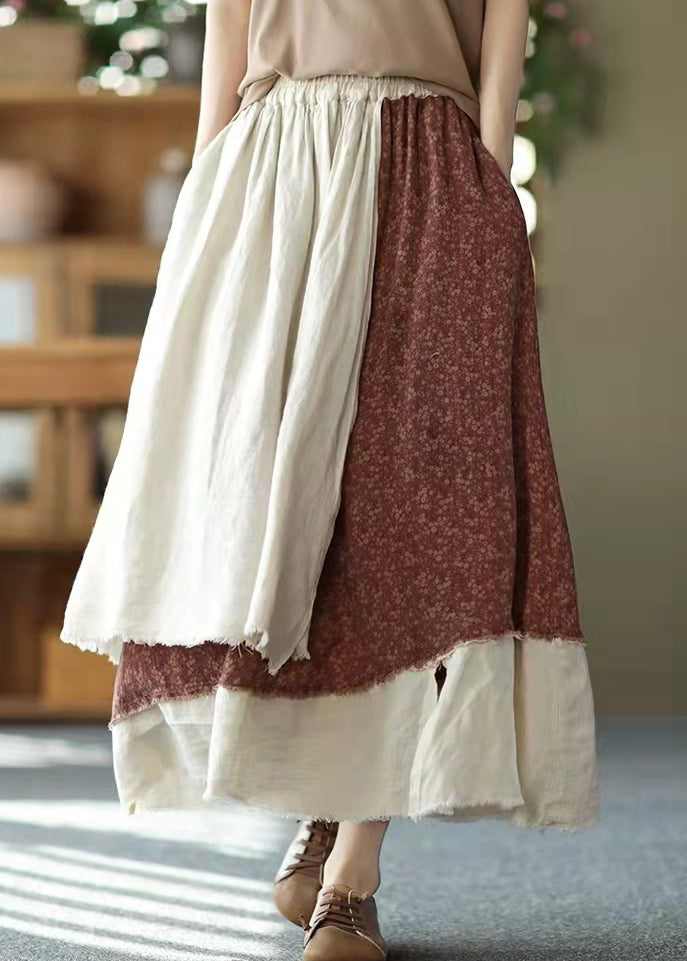 Vintage asymmetrical design elastic waist layered design Pockets Linen Skirt Summer