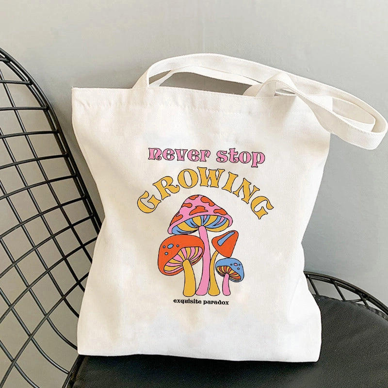 Women's Canvas Printing Letter Mushroom Cute Basic Square Open Canvas Bag