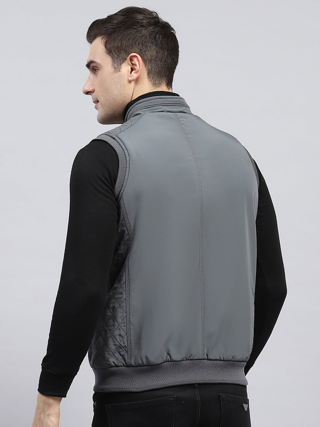 Men Grey Solid Mock Neck Sleeveless Reversible Jacket