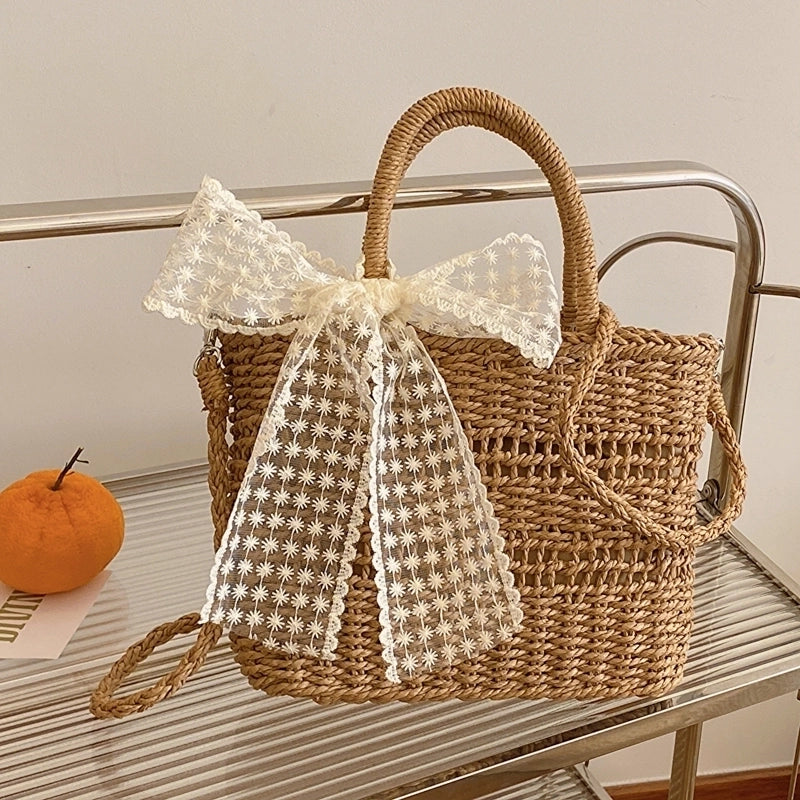 Women's Straw Bow Knot Vacation String Handbag