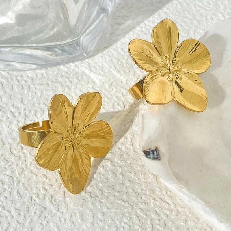Vintage Style Flower 304 Stainless Steel 14K Gold Plated Plating Open Ring