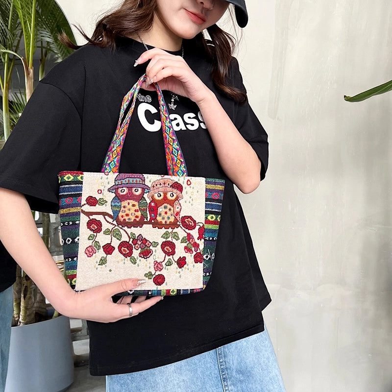 Women's Medium Canvas Animal Vacation Ethnic Style Square Zipper Tote Bag