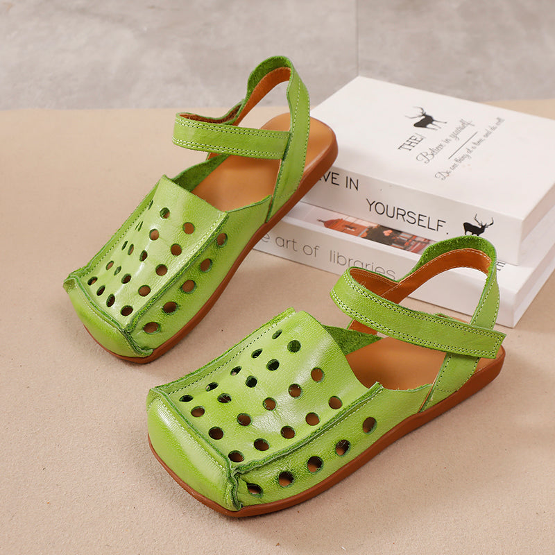 Square Toe Hollow-Out Leather Slingback Flat Sandals for Summer in Green/Black