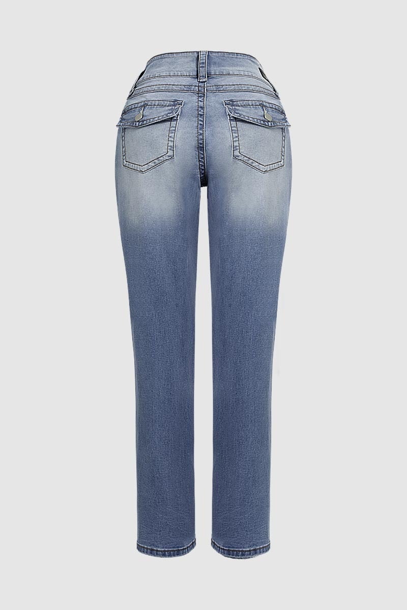 Final Sale!!⚡6 Packs for $24.86⚡ - Wash Double Button Flap Pocket Mid Waist Straight Leg Jeans