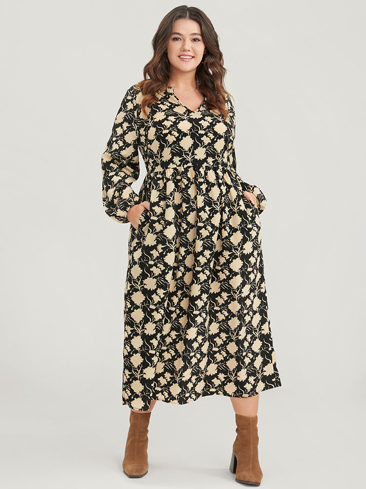 Floral Lantern Sleeve Pocket V Neck Midi Dress