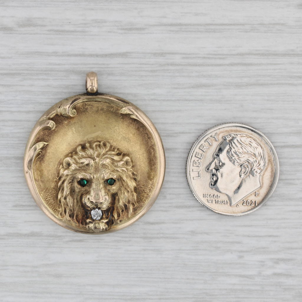 Antique Lion Pendant Medallion 10k Yellow Gold Diamond Engraved Charm