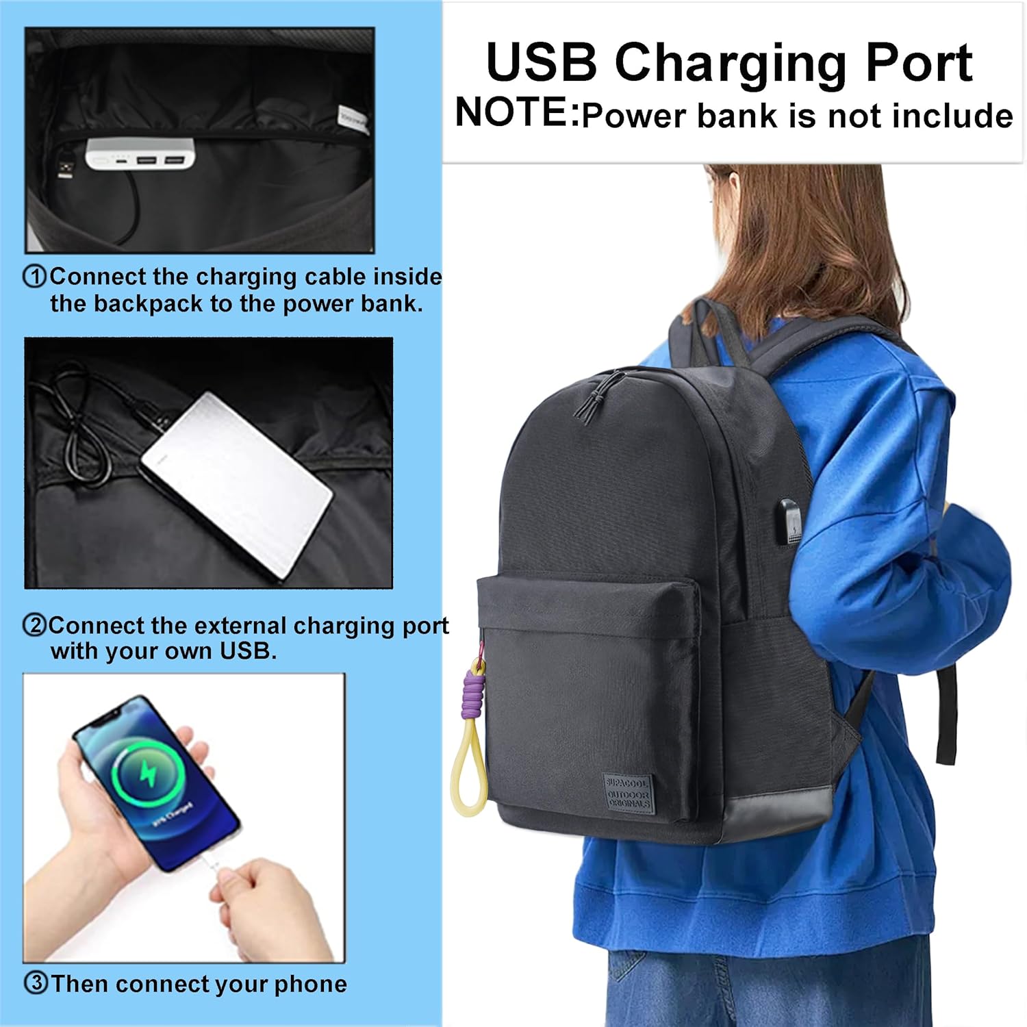 SUPACOOL Casual Laptop Backpack for Men and Women, School Backpack for Boys and Girls, College Bookbag, USB Charging Port, Lightweight Back Pack(Black)